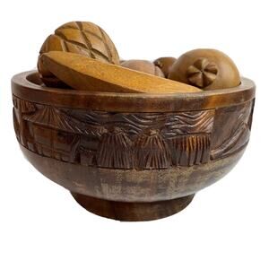 Vtg Monkey Wood Fruit Bowl Carved with 11 Fruits Grapes Banana Hawaiian Tiki MCM